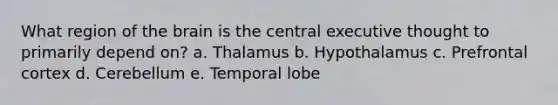 What region of the brain is the central executive thought to primarily depend on? a. Thalamus b. Hypothalamus c. Prefrontal cortex d. Cerebellum e. Temporal lobe