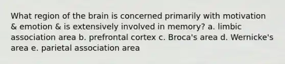 What region of <a href='https://www.questionai.com/knowledge/kLMtJeqKp6-the-brain' class='anchor-knowledge'>the brain</a> is concerned primarily with motivation & emotion & is extensively involved in memory? a. limbic association area b. prefrontal cortex c. Broca's area d. Wernicke's area e. parietal association area