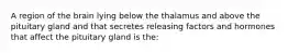 A region of the brain lying below the thalamus and above the pituitary gland and that secretes releasing factors and hormones that affect the pituitary gland is the: