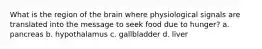 What is the region of the brain where physiological signals are translated into the message to seek food due to hunger? a. pancreas b. hypothalamus c. gallbladder d. liver