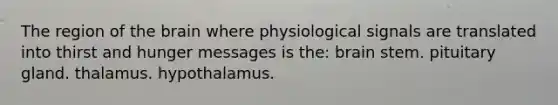 The region of the brain where physiological signals are translated into thirst and hunger messages is the: brain stem. pituitary gland. thalamus. hypothalamus.