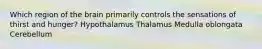 Which region of the brain primarily controls the sensations of thirst and hunger? ﻿﻿﻿Hypothalamus ﻿﻿﻿Thalamus ﻿﻿﻿Medulla oblongata ﻿﻿﻿Cerebellum