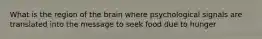 What is the region of the brain where psychological signals are translated into the message to seek food due to hunger