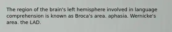 The region of the brain's left hemisphere involved in language comprehension is known as Broca's area. aphasia. Wernicke's area. the LAD.