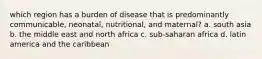 which region has a burden of disease that is predominantly communicable, neonatal, nutritional, and maternal? a. south asia b. the middle east and north africa c. sub-saharan africa d. latin america and the caribbean