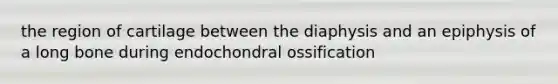 the region of cartilage between the diaphysis and an epiphysis of a long bone during endochondral ossification