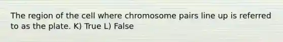 The region of the cell where chromosome pairs line up is referred to as the plate. K) True L) False