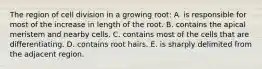 The region of cell division in a growing root: A. is responsible for most of the increase in length of the root. B. contains the apical meristem and nearby cells. C. contains most of the cells that are differentiating. D. contains root hairs. E. is sharply delimited from the adjacent region.