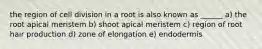 the region of cell division in a root is also known as ______ a) the root apical meristem b) shoot apical meristem c) region of root hair production d) zone of elongation e) endodermis