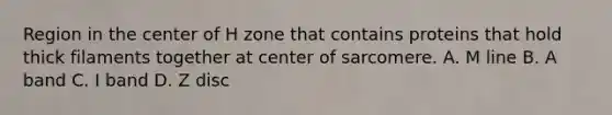 Region in the center of H zone that contains proteins that hold thick filaments together at center of sarcomere. A. M line B. A band C. I band D. Z disc