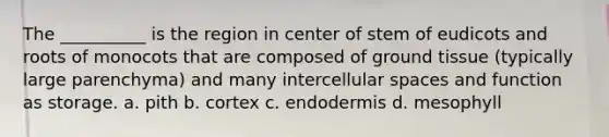 The __________ is the region in center of stem of eudicots and roots of monocots that are composed of ground tissue (typically large parenchyma) and many intercellular spaces and function as storage. a. pith b. cortex c. endodermis d. mesophyll