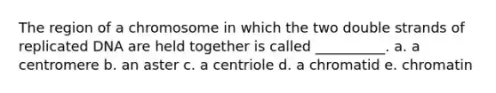 The region of a chromosome in which the two double strands of replicated DNA are held together is called __________. a. a centromere b. an aster c. a centriole d. a chromatid e. chromatin