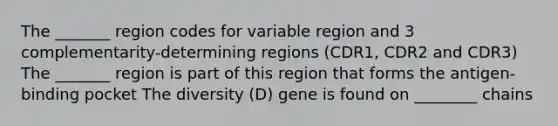 The _______ region codes for variable region and 3 complementarity-determining regions (CDR1, CDR2 and CDR3) The _______ region is part of this region that forms the antigen-binding pocket The diversity (D) gene is found on ________ chains