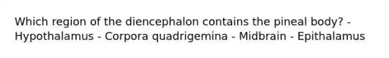 Which region of the diencephalon contains the pineal body? - Hypothalamus - Corpora quadrigemina - Midbrain - Epithalamus