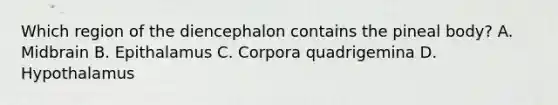 Which region of the diencephalon contains the pineal body? A. Midbrain B. Epithalamus C. Corpora quadrigemina D. Hypothalamus