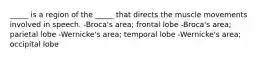 _____ is a region of the _____ that directs the muscle movements involved in speech. -Broca's area; frontal lobe -Broca's area; parietal lobe -Wernicke's area; temporal lobe -Wernicke's area; occipital lobe