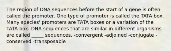 The region of DNA sequences before the start of a gene is often called the promoter. One type of promoter is called the TATA box. Many species' promoters are TATA boxes or a variation of the TATA box. DNA sequences that are similar in different organisms are called _____ sequences. -convergent -adjoined -conjugate -conserved -transposable