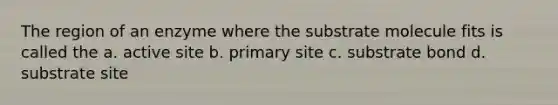 The region of an enzyme where the substrate molecule fits is called the a. active site b. primary site c. substrate bond d. substrate site