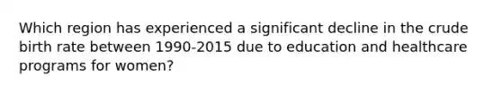 Which region has experienced a significant decline in the crude birth rate between 1990-2015 due to education and healthcare programs for women?