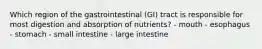 Which region of the gastrointestinal (GI) tract is responsible for most digestion and absorption of nutrients? - mouth - esophagus - stomach - small intestine - large intestine