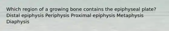 Which region of a growing bone contains the epiphyseal plate? Distal epiphysis Periphysis Proximal epiphysis Metaphysis Diaphysis