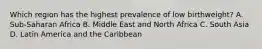 Which region has the highest prevalence of low birthweight? A. Sub-Saharan Africa B. Middle East and North Africa C. South Asia D. Latin America and the Caribbean