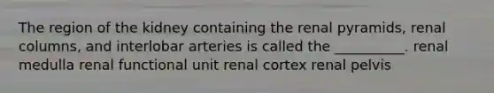 The region of the kidney containing the renal pyramids, renal columns, and interlobar arteries is called the __________. renal medulla renal functional unit renal cortex renal pelvis