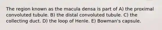 The region known as the macula densa is part of A) the proximal convoluted tubule. B) the distal convoluted tubule. C) the collecting duct. D) the loop of Henle. E) Bowman's capsule.