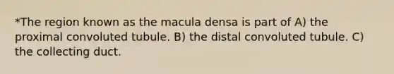 *The region known as the macula densa is part of A) the proximal convoluted tubule. B) the distal convoluted tubule. C) the collecting duct.