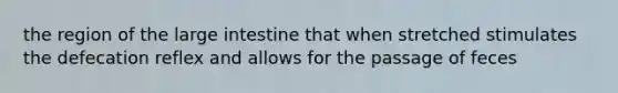 the region of the large intestine that when stretched stimulates the defecation reflex and allows for the passage of feces