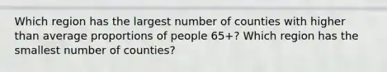 Which region has the largest number of counties with higher than average proportions of people 65+? Which region has the smallest number of counties?