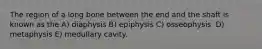 The region of a long bone between the end and the shaft is known as the A) diaphysis B) epiphysis C) osseophysis. D) metaphysis E) medullary cavity.