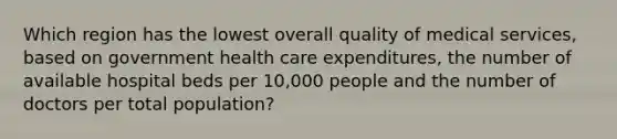 Which region has the lowest overall quality of medical services, based on government health care expenditures, the number of available hospital beds per 10,000 people and the number of doctors per total population?