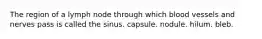 The region of a lymph node through which blood vessels and nerves pass is called the sinus. capsule. nodule. hilum. bleb.