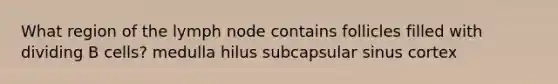 What region of the lymph node contains follicles filled with dividing B cells? medulla hilus subcapsular sinus cortex