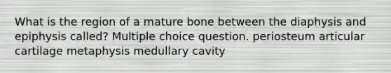 What is the region of a mature bone between the diaphysis and epiphysis called? Multiple choice question. periosteum articular cartilage metaphysis medullary cavity