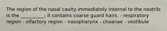 The region of the nasal cavity immediately internal to the nostrils is the __________; it contains coarse guard hairs. - respiratory region - olfactory region - nasopharynx - choanae - vestibule