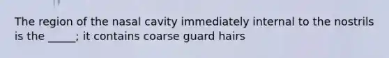 The region of the nasal cavity immediately internal to the nostrils is the _____; it contains coarse guard hairs