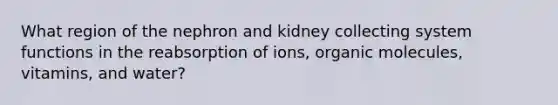 What region of the nephron and kidney collecting system functions in the reabsorption of ions, organic molecules, vitamins, and water?