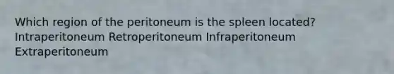 Which region of the peritoneum is the spleen located? Intraperitoneum Retroperitoneum Infraperitoneum Extraperitoneum