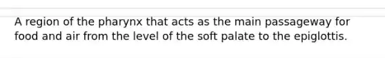 A region of the pharynx that acts as the main passageway for food and air from the level of the soft palate to the epiglottis.