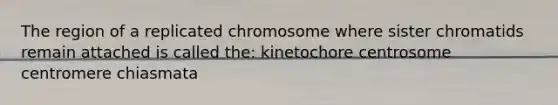 The region of a replicated chromosome where sister chromatids remain attached is called the: kinetochore centrosome centromere chiasmata