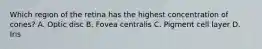 Which region of the retina has the highest concentration of cones? A. Optic disc B. Fovea centralis C. Pigment cell layer D. Iris