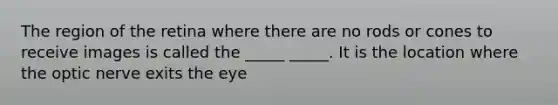 The region of the retina where there are no rods or cones to receive images is called the _____ _____. It is the location where the optic nerve exits the eye