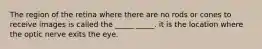 The region of the retina where there are no rods or cones to receive images is called the _____ _____. it is the location where the optic nerve exits the eye.