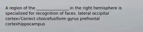 A region of the ________________ in the right hemisphere is specialized for recognition of faces. lateral occipital cortex√Correct choicefusiform gyrus prefrontal cortexhippocampus