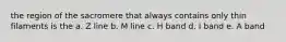 the region of the sacromere that always contains only thin filaments is the a. Z line b. M line c. H band d. I band e. A band