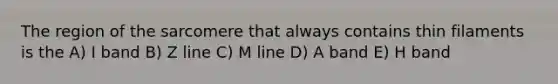 The region of the sarcomere that always contains thin filaments is the A) I band B) Z line C) M line D) A band E) H band