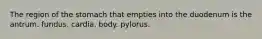 The region of the stomach that empties into the duodenum is the antrum. fundus. cardia. body. pylorus.