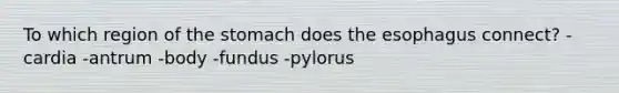 To which region of <a href='https://www.questionai.com/knowledge/kLccSGjkt8-the-stomach' class='anchor-knowledge'>the stomach</a> does <a href='https://www.questionai.com/knowledge/kSjVhaa9qF-the-esophagus' class='anchor-knowledge'>the esophagus</a> connect? -cardia -antrum -body -fundus -pylorus